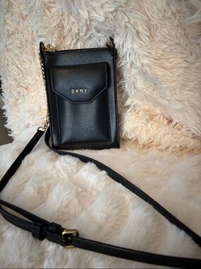 DKNY Black Leather Phone Crossbody with Gold Accents